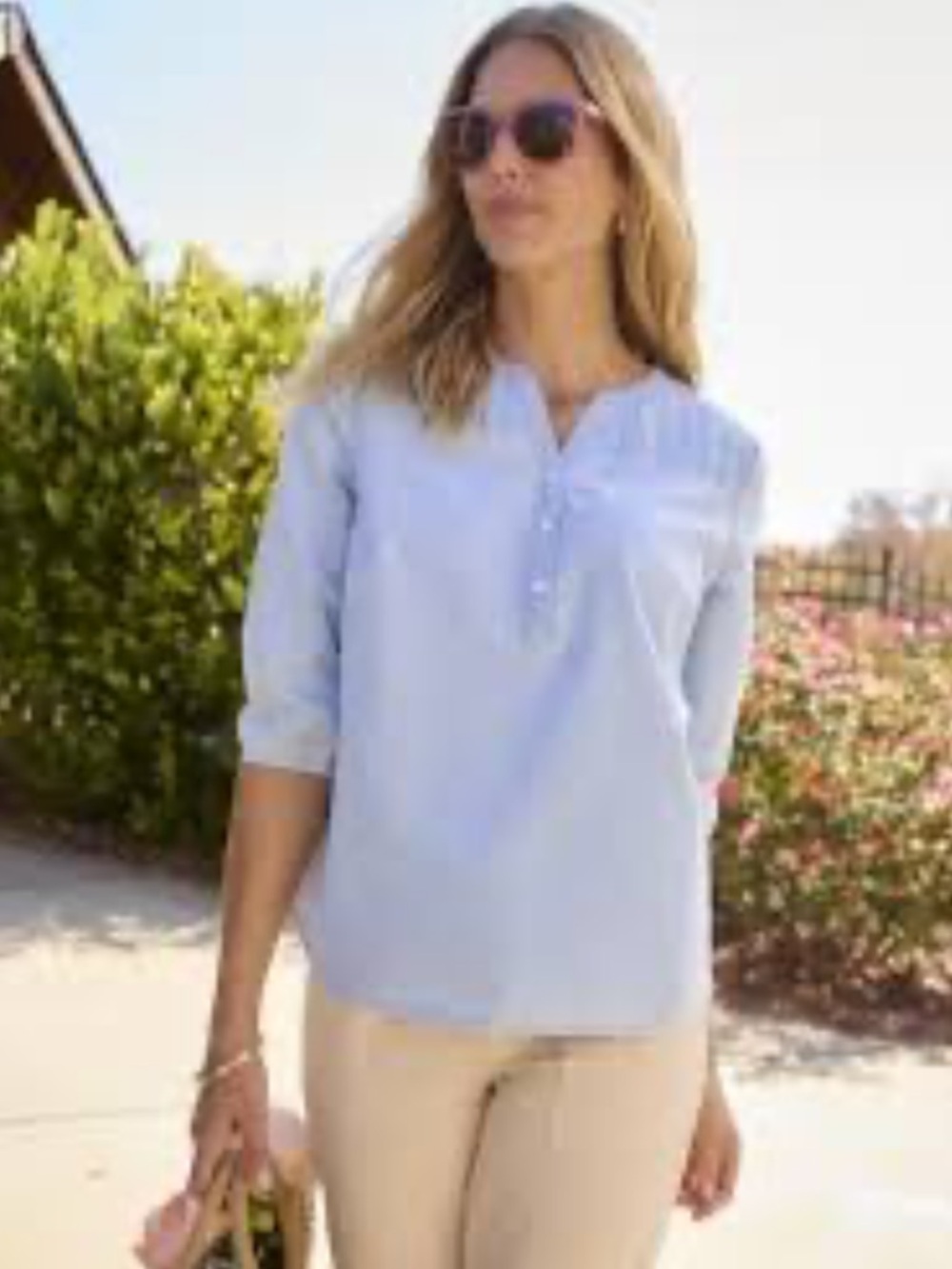 Sigrid Olsen Light Blue 100% Linen Long-sleeve Popover Tunic Top L Like New